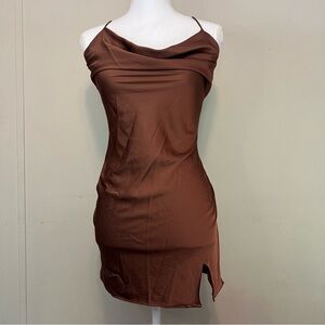 Brown Rue 21 Mini Satin Slip dress with cowl neckline, cross straps, and asymmet
